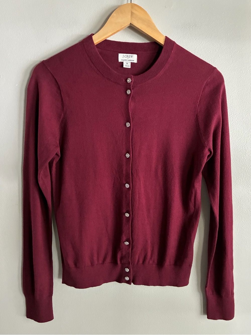 J.Crew Burgundy Jeweled Button Cardigan Rhinestone Preppy Sweater Small